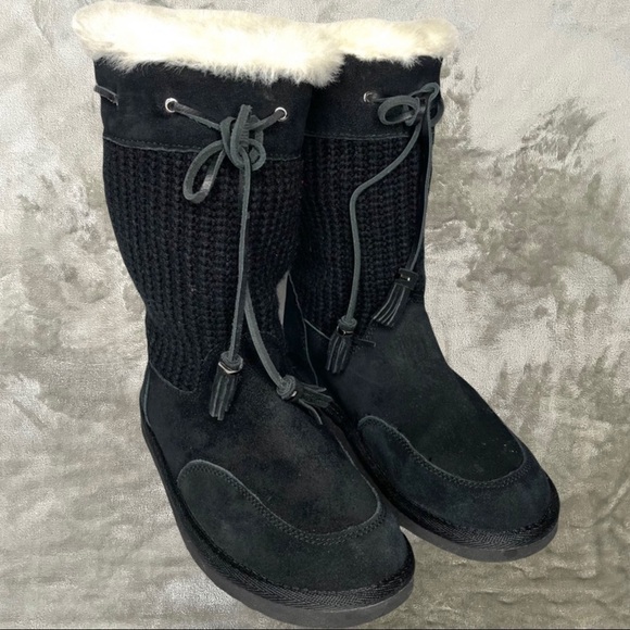 Bass Fargo Black Suede Knit Winter Boots Faux Fur Tassel Size 7 - Picture 1 of 12